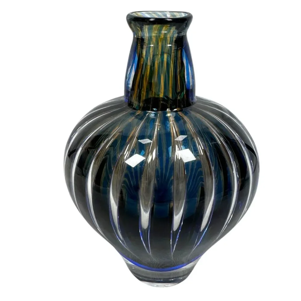 Vintage Orrefors Ariel Vase Edvin Ohrström Blue Amber Swirl Stripe Art Glass MCM